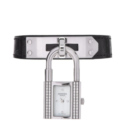 Hermes Stainless Steel Alligator Diamond Mother of Pearl 20mm Kelly Cadena Quartz Watch Noir 1 of 12