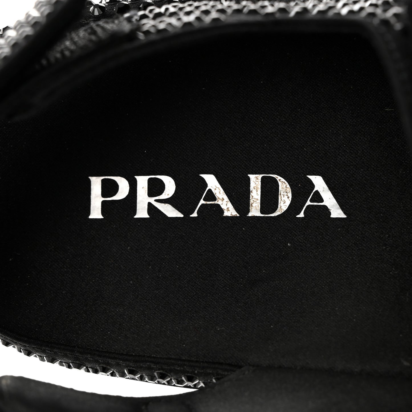 Satin Crystal Embellished Metal Logo Velcro Sandals 37.5 Black