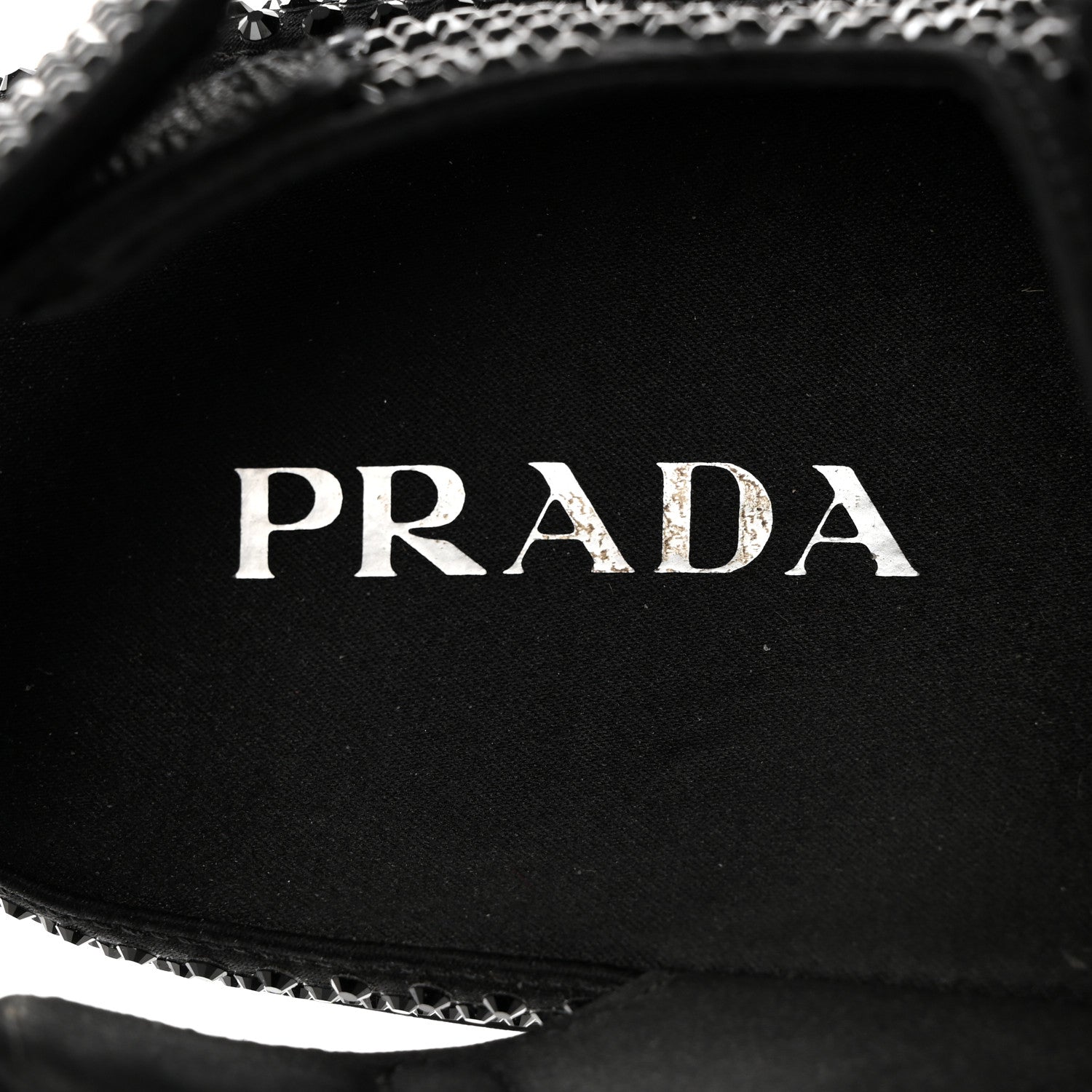 Prada Satin Crystal Embellished Metal Logo Velcro Sandals 37.5 Black 6 of 10