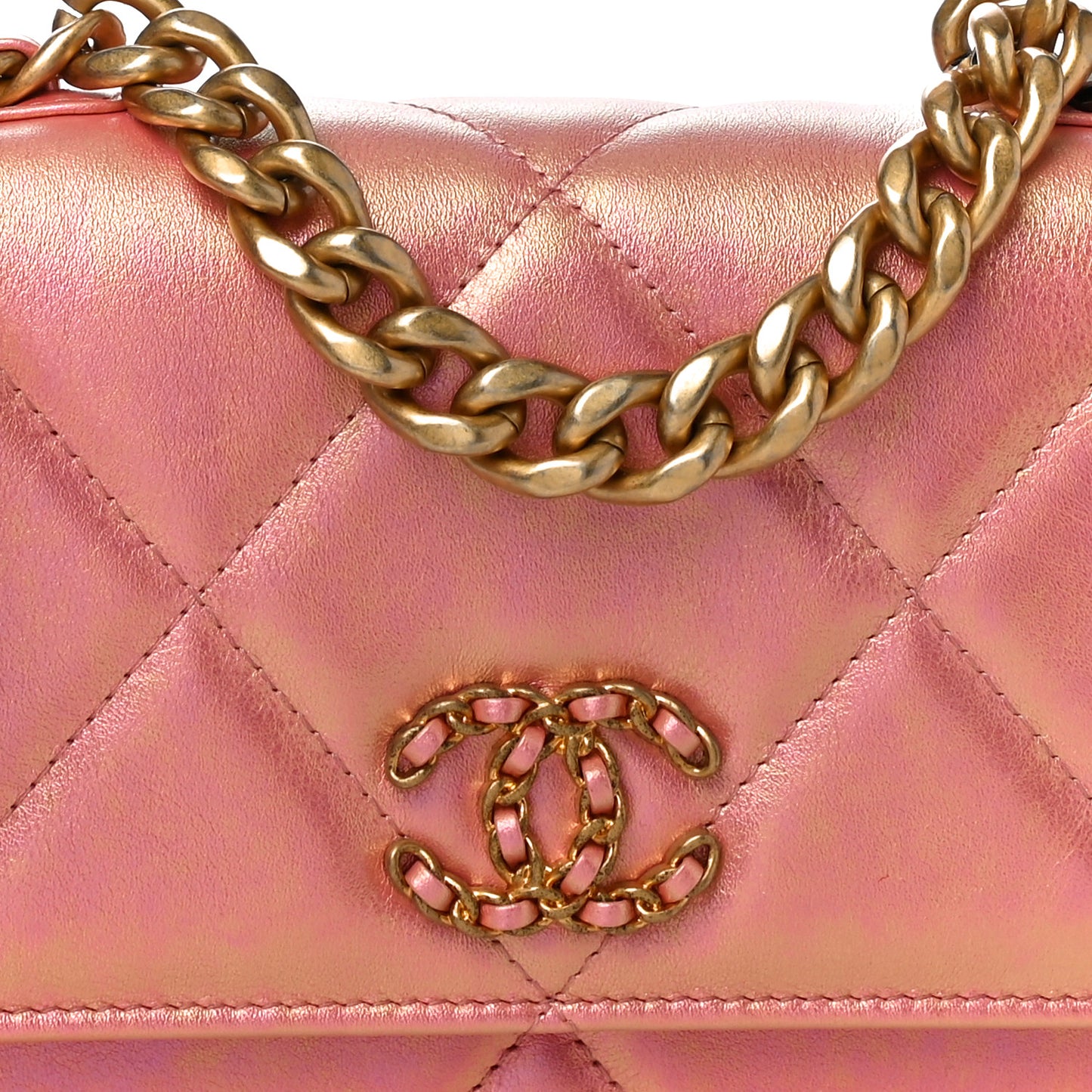Iridescent Calfskin Quilted Chanel 19 Wallet On Chain WOC Pink