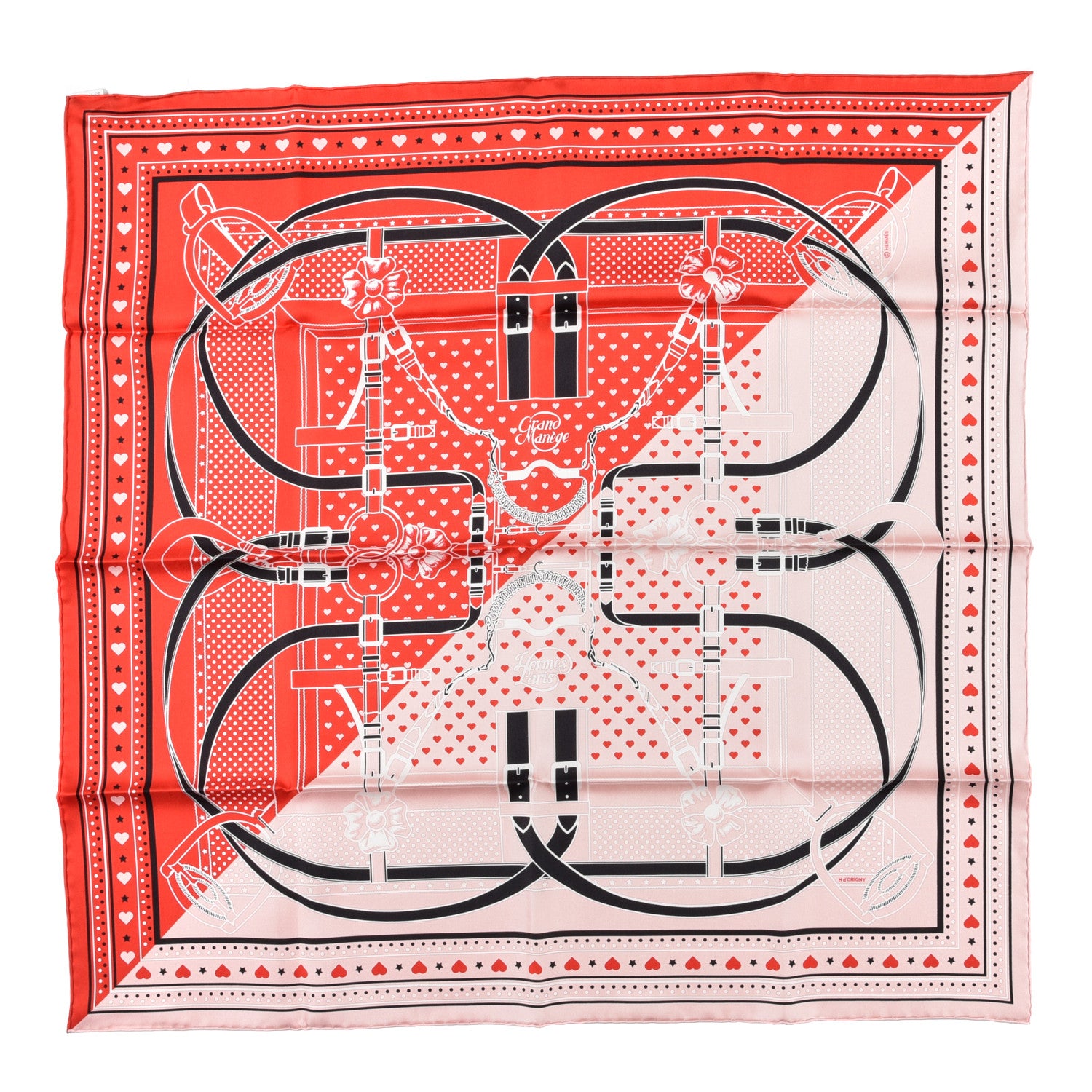 Hermes Silk Grand Manege Cut Bandana Love Scarf 70 Rouge Rose Black 1 of 5