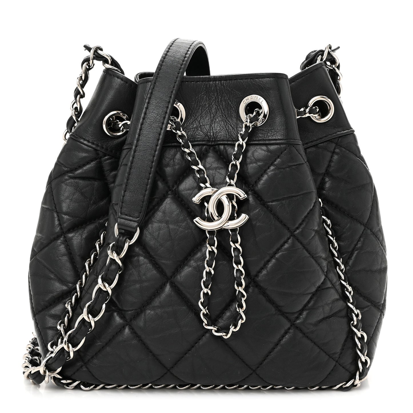 Crumpled Calfskin Quilted Chain All Over Drawstring Bucket Bag Black