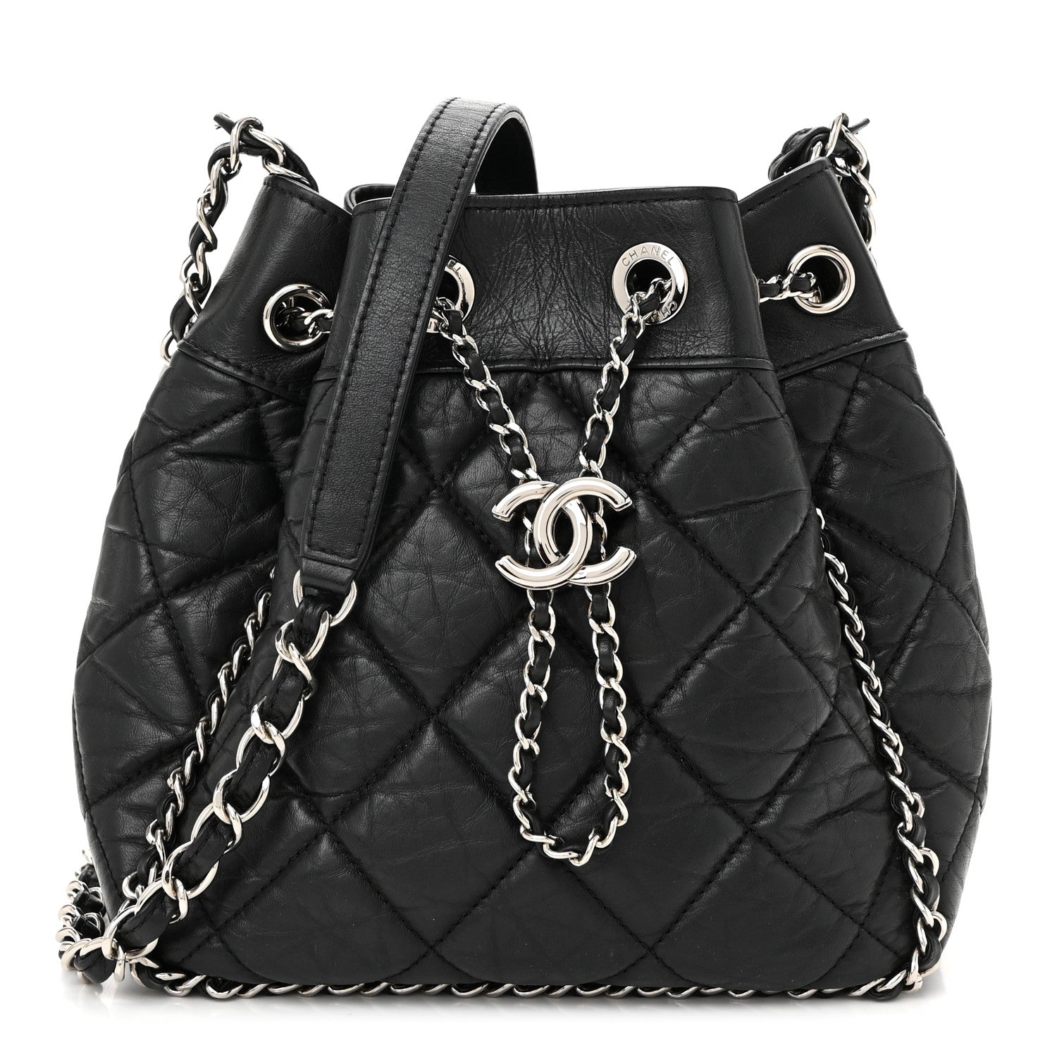 Chanel Crumpled Calfskin Quilted Chain All Over Drawstring Bucket Bag Black 1 of 10