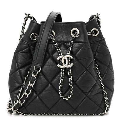 Chanel Crumpled Calfskin Quilted Chain All Over Drawstring Bucket Bag Black 1 of 10