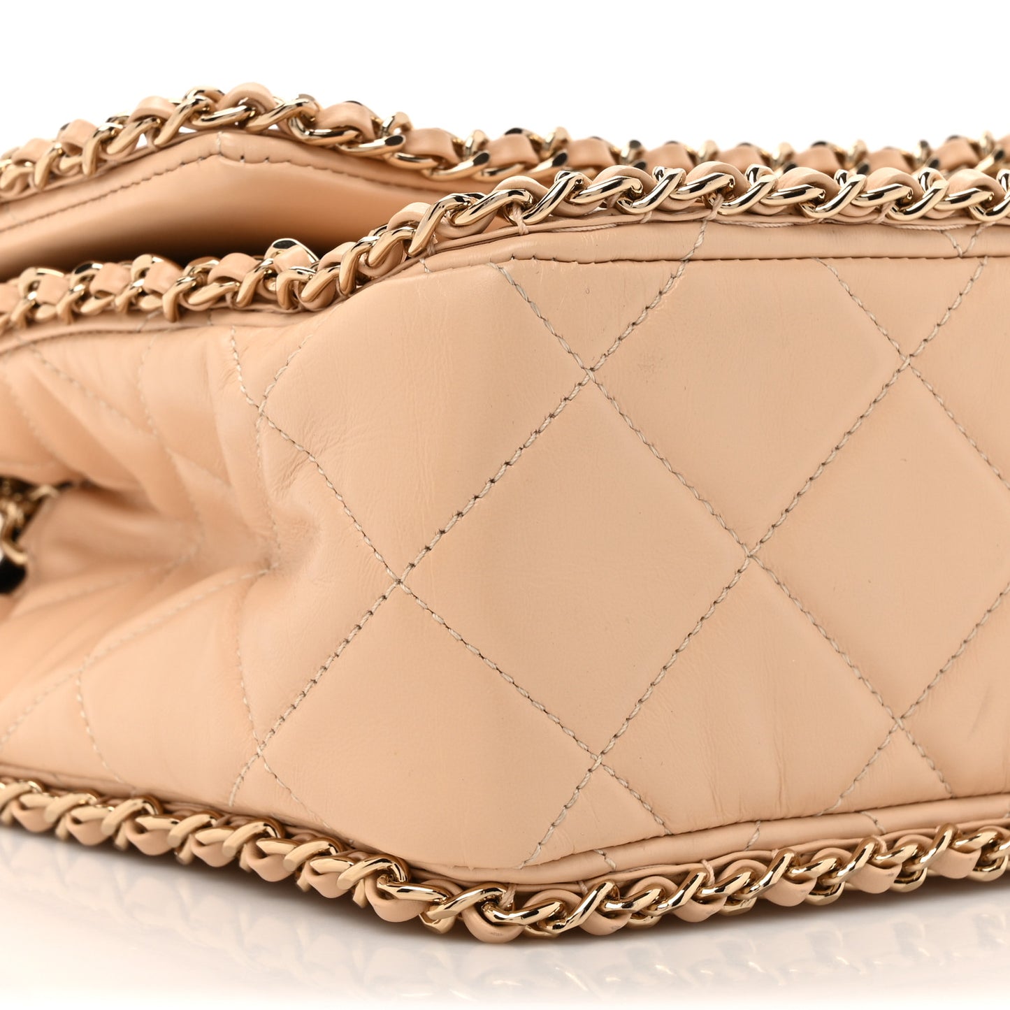 Crumpled Calfskin Quilted Large Chain All Over Flap Bag Beige