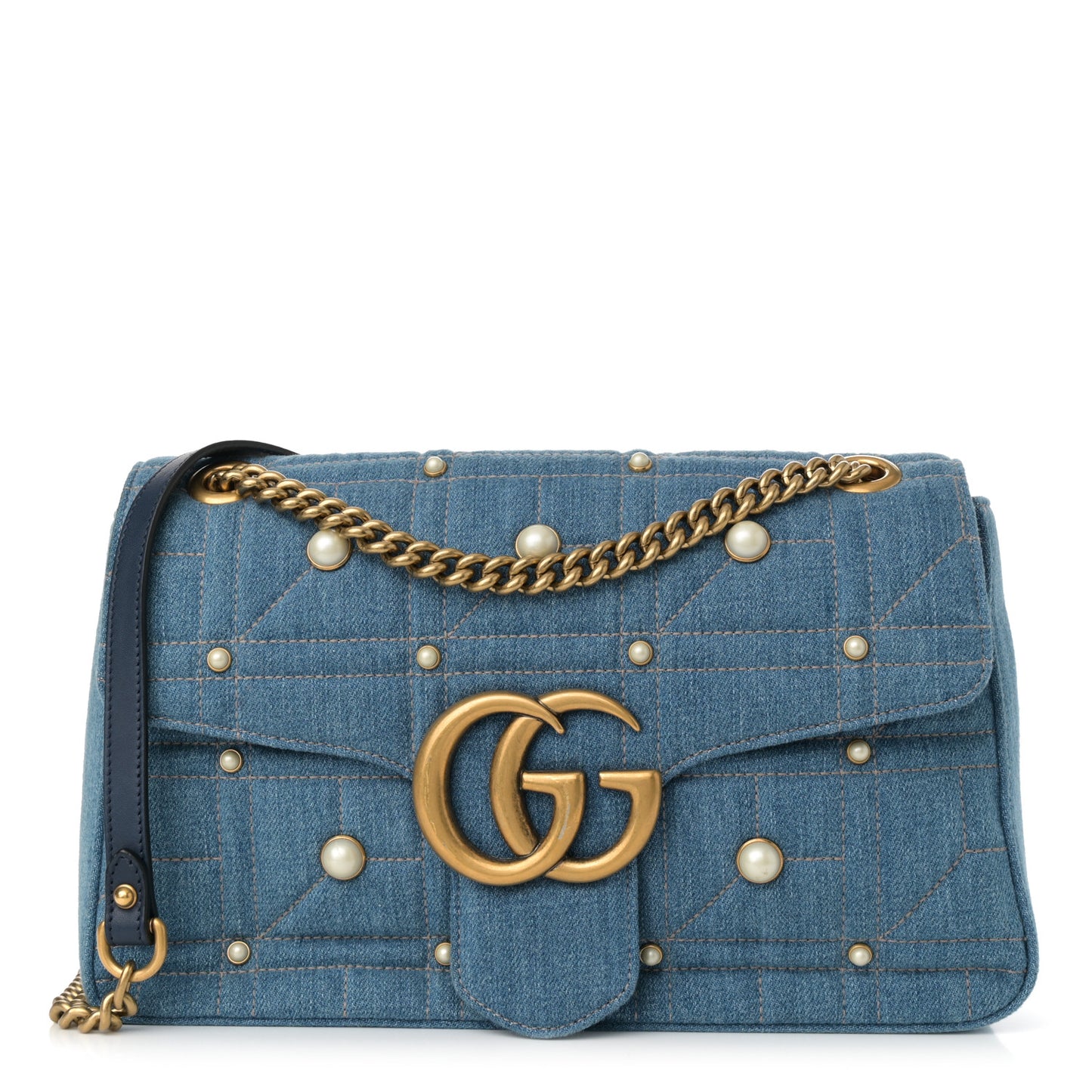 Kura Denim Matelasse Cubic Pearl Studded Medium GG Marmont Shoulder Bag Blue