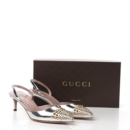 Gucci Metallic Nappa Silk Studded Glow Light Pumps 39.5 Argento 8 of 8