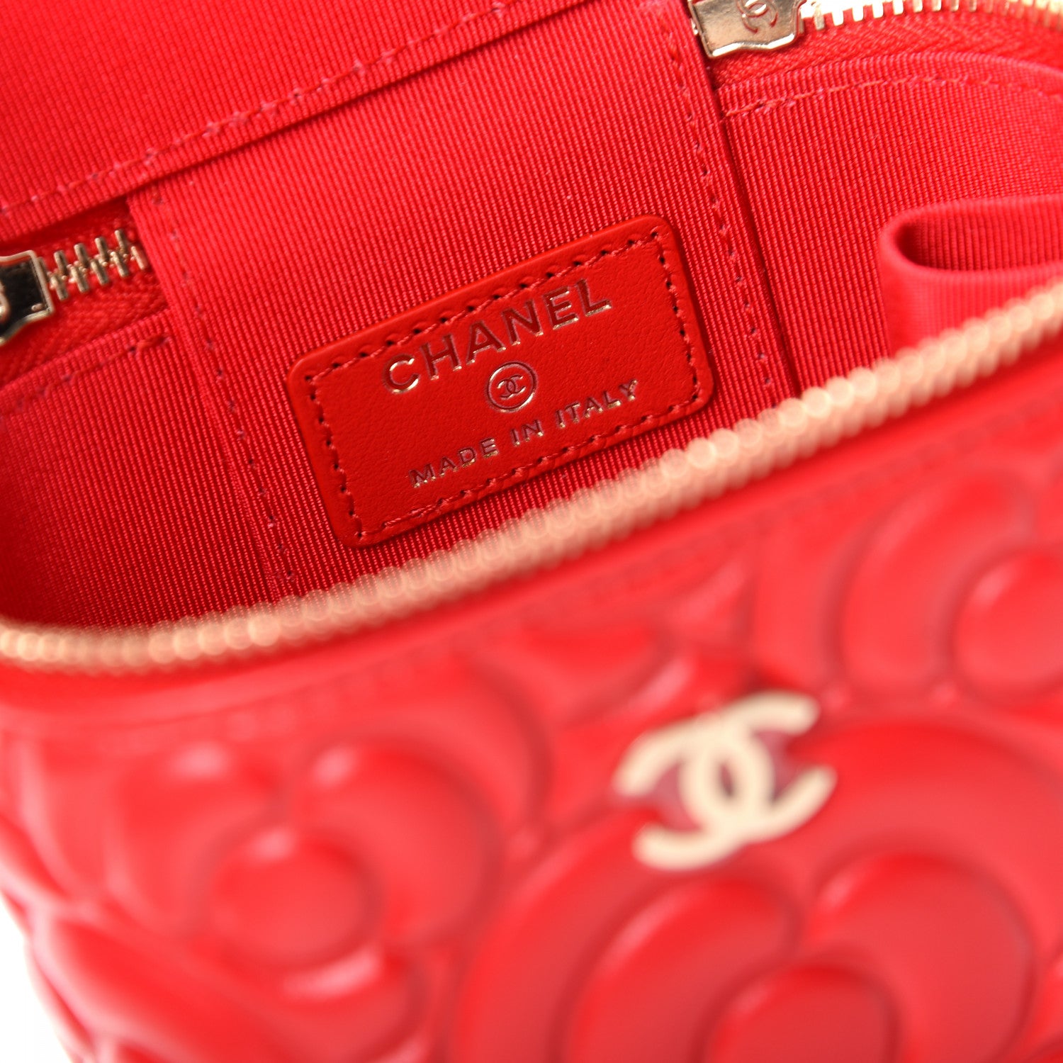 Chanel Lambskin Camellia Embossed Mini Vanity Case With Chain Red 8 of 10