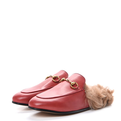 Gucci Betis Glamour Calfskin Fur Womens Princetown Slippers 37.5 Hibiscus Red Naturale 3 of 12