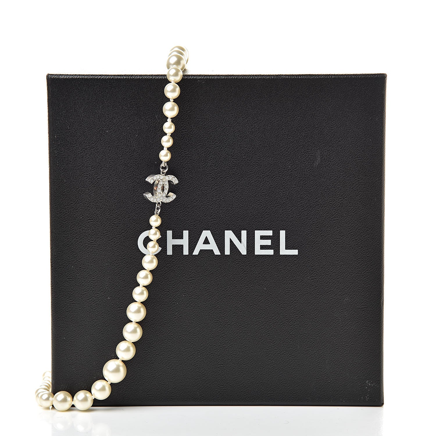 Chanel Graduated Pearl CC Long Necklace Silver 5 of 5