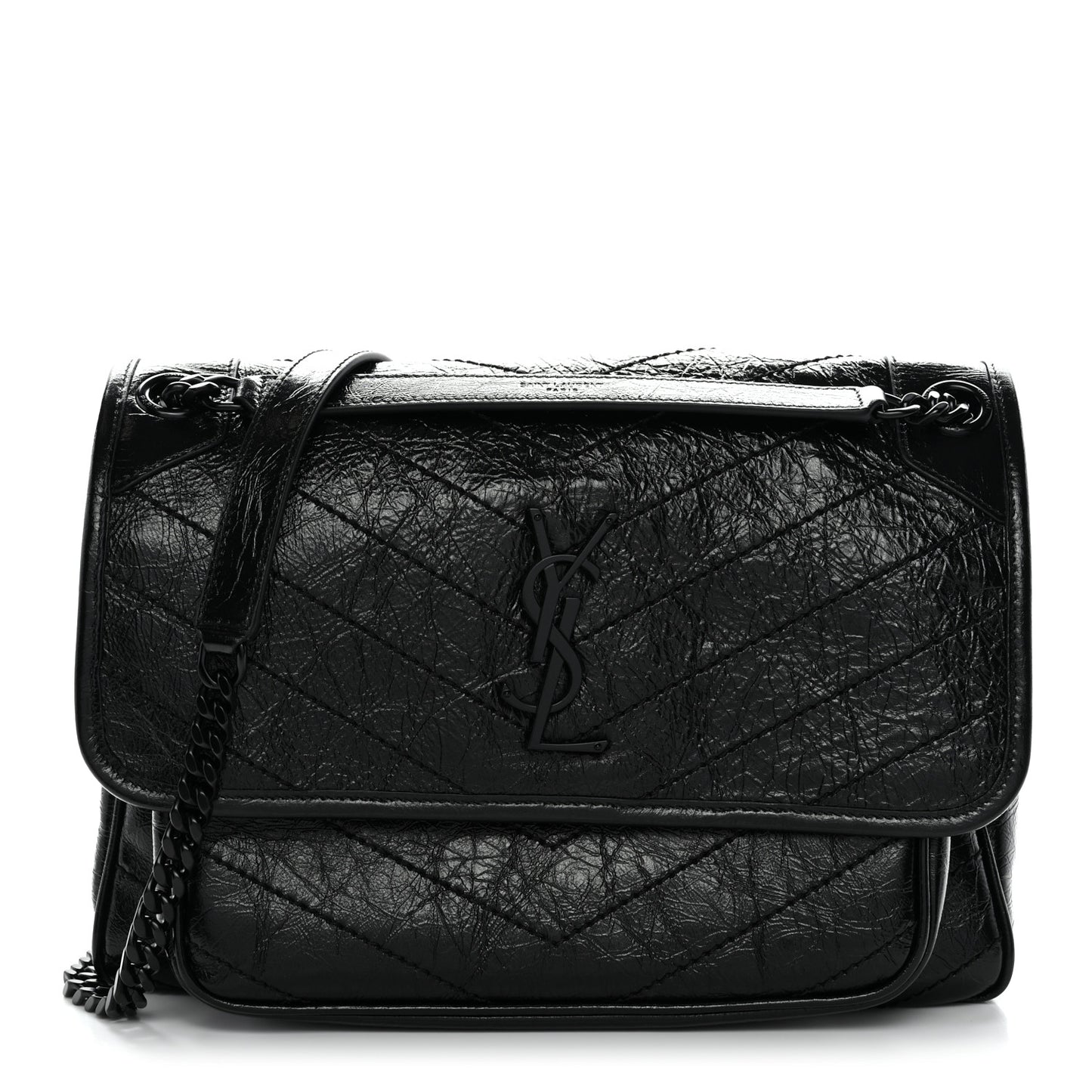 Crinkled Calfskin Matelasse Monogram Medium Niki Chain Satchel Black