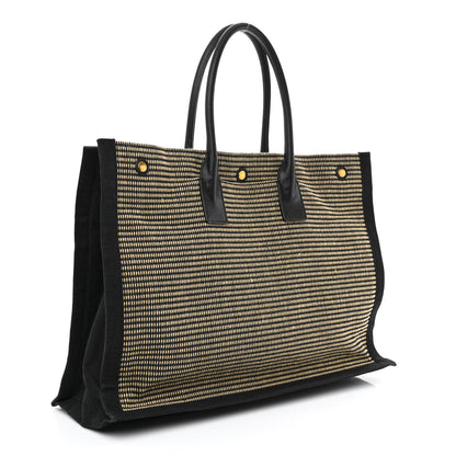 Saint Laurent Embroidered Cotton Linen Rive Gauche Noe Tote Black Beige 3 of 11