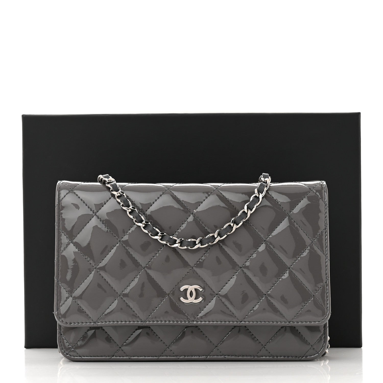 Chanel Patent Quilted Wallet On Chain WOC Grey 11 of 11