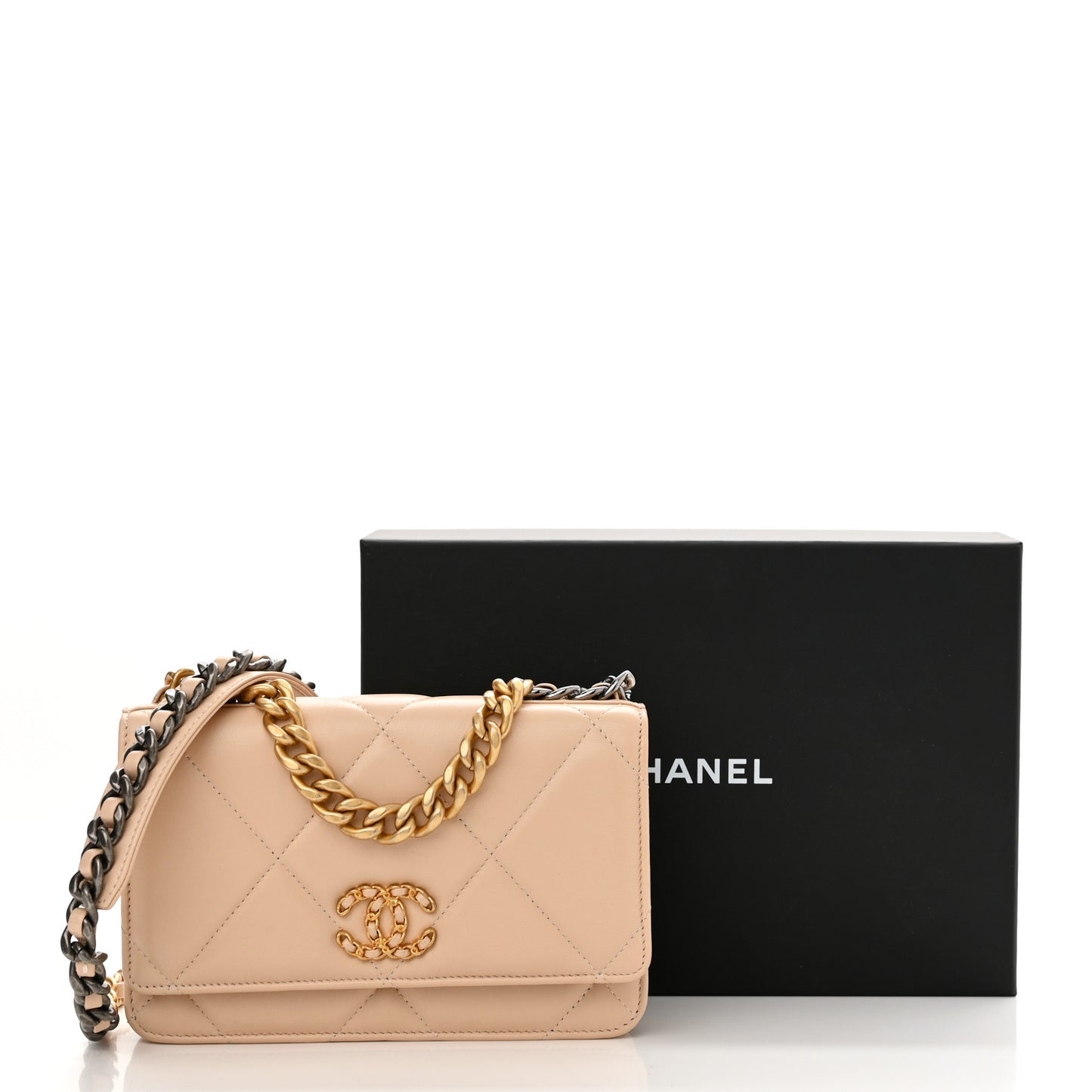 Lambskin Quilted Chanel 19 Wallet On Chain WOC Beige