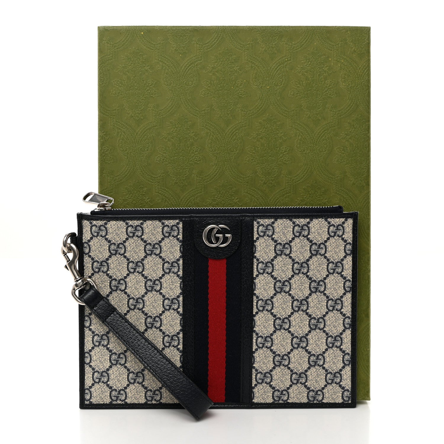 Gucci GG Supreme Monogram Textured Dollar Calfskin Web Ophidia Wristlet Pouch Beige Blue 9 of 9