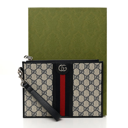 Gucci GG Supreme Monogram Textured Dollar Calfskin Web Ophidia Wristlet Pouch Beige Blue 9 of 9