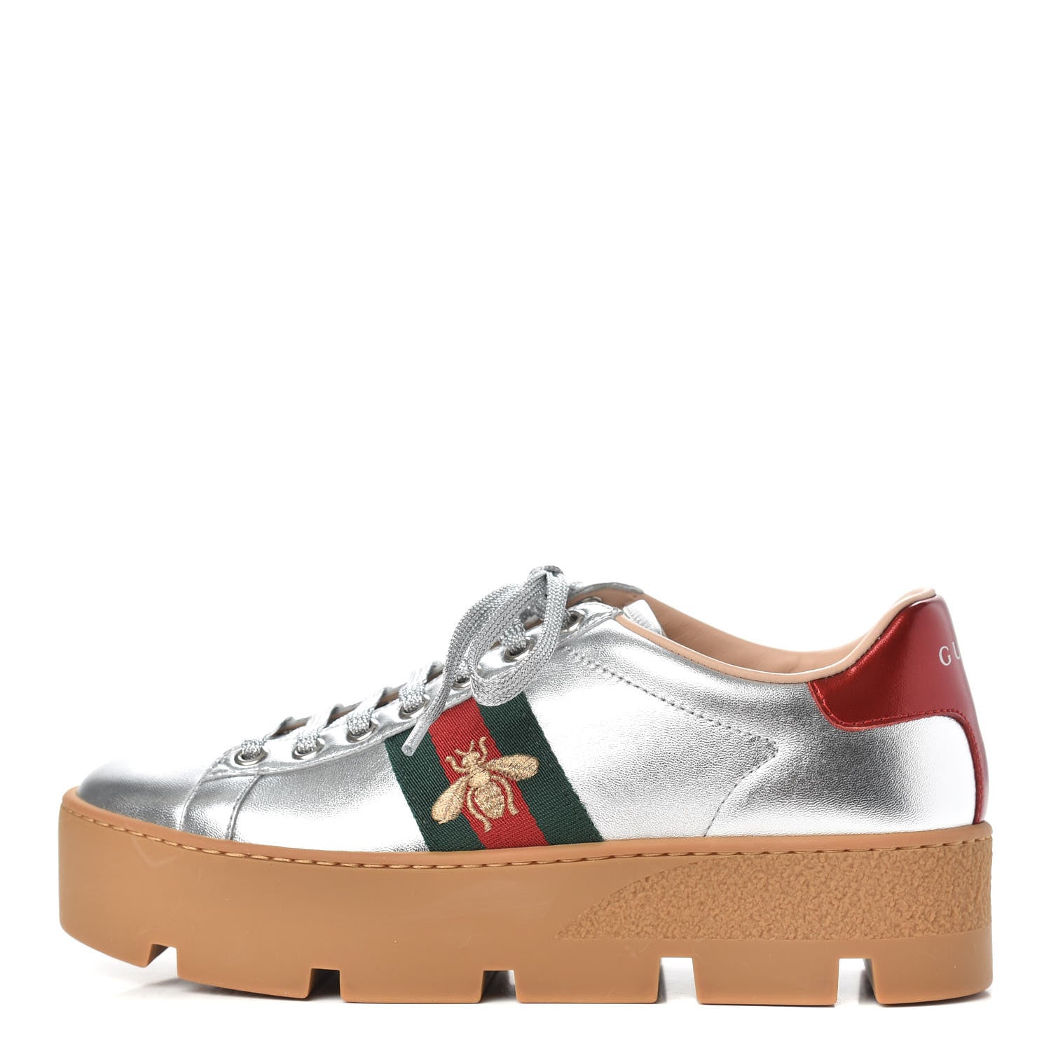 Gucci Metallic Nappa Web Bee Embroidered Womens Ace Platform Sneakers 36 Argento Red Flame 1 of 8