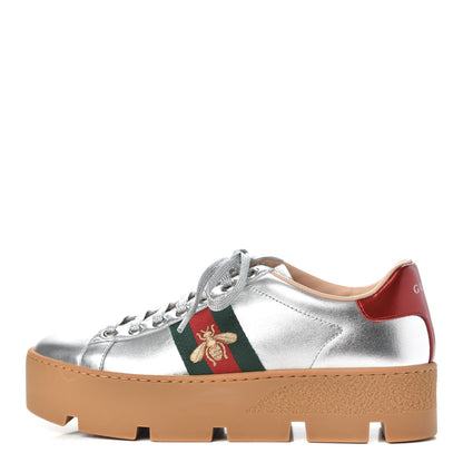 Gucci Metallic Nappa Web Bee Embroidered Womens Ace Platform Sneakers 36 Argento Red Flame 1 of 8