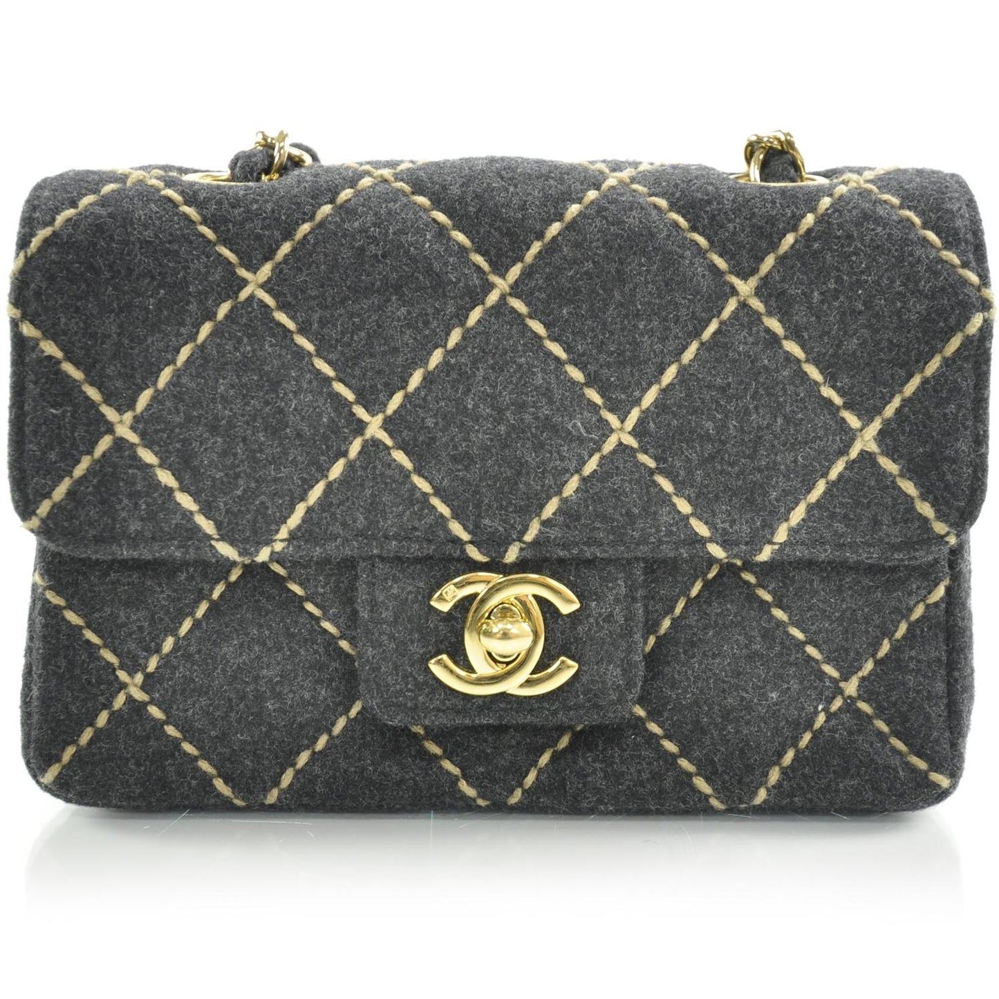 Wool Contrast Stitch Surpique Mini Flap Charcoal