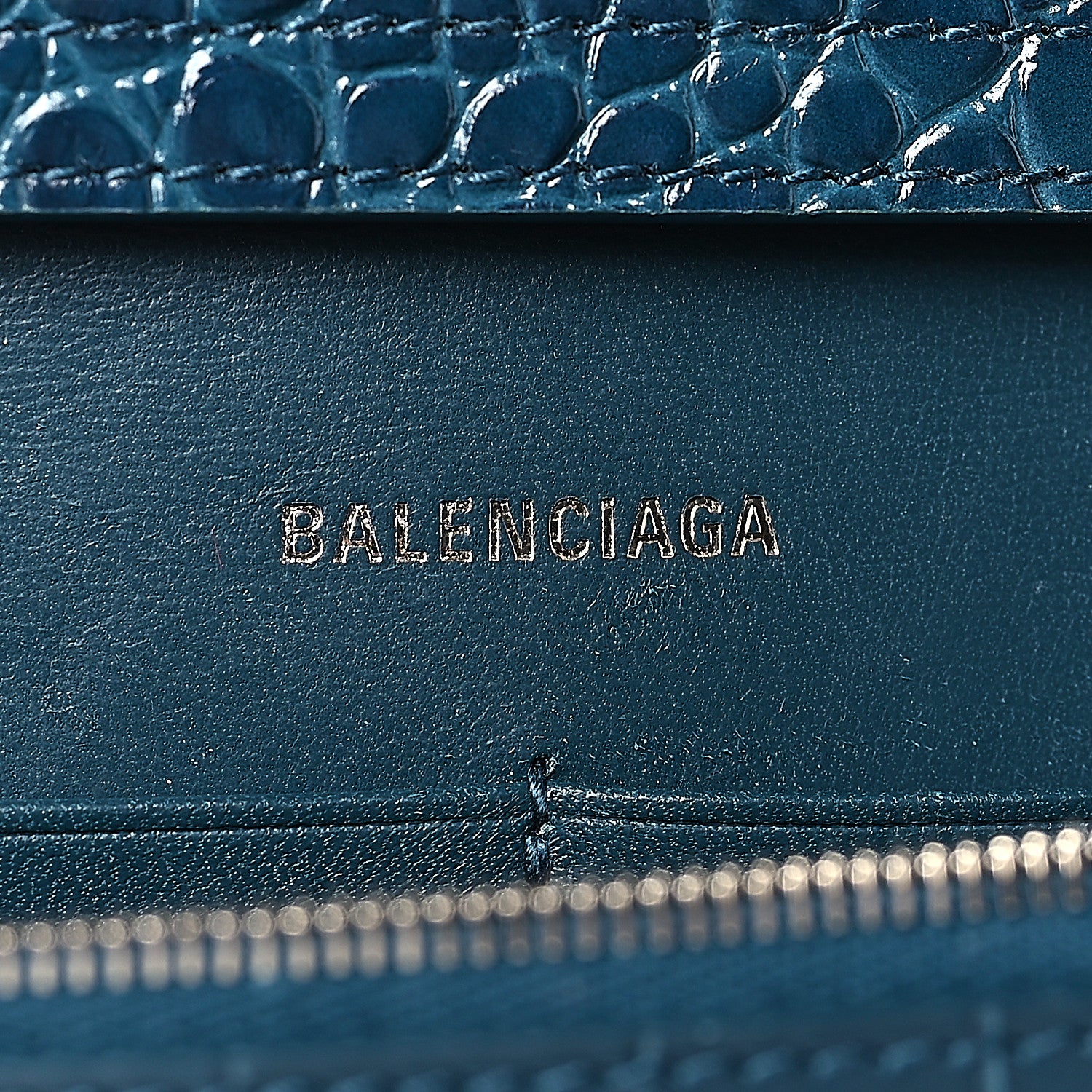 Balenciaga Shiny Calfskin Crocodile Embossed Hourglass Chain Bag Dark Petrol Blue 6 of 8