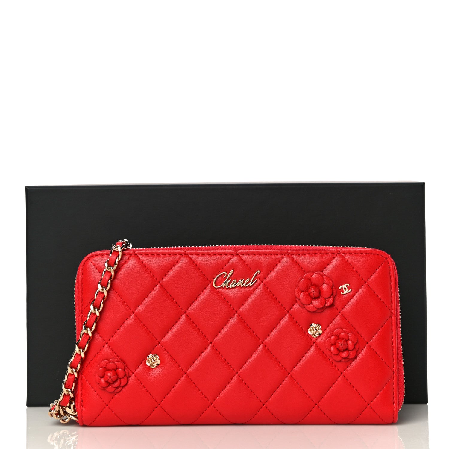 Chanel Lambskin Quilted Camellia Zip Around Wristlet Wallet Red 14 of 14