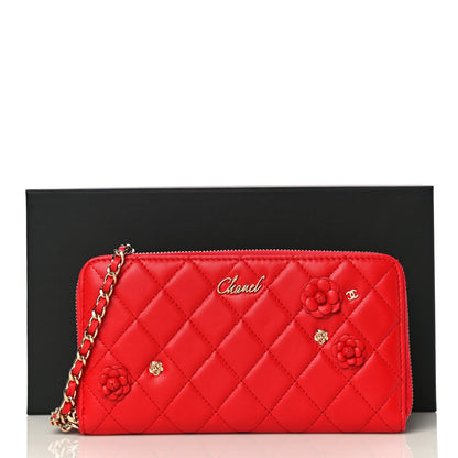Chanel Lambskin Quilted Camellia Zip Around Wristlet Wallet Red 14 of 14
