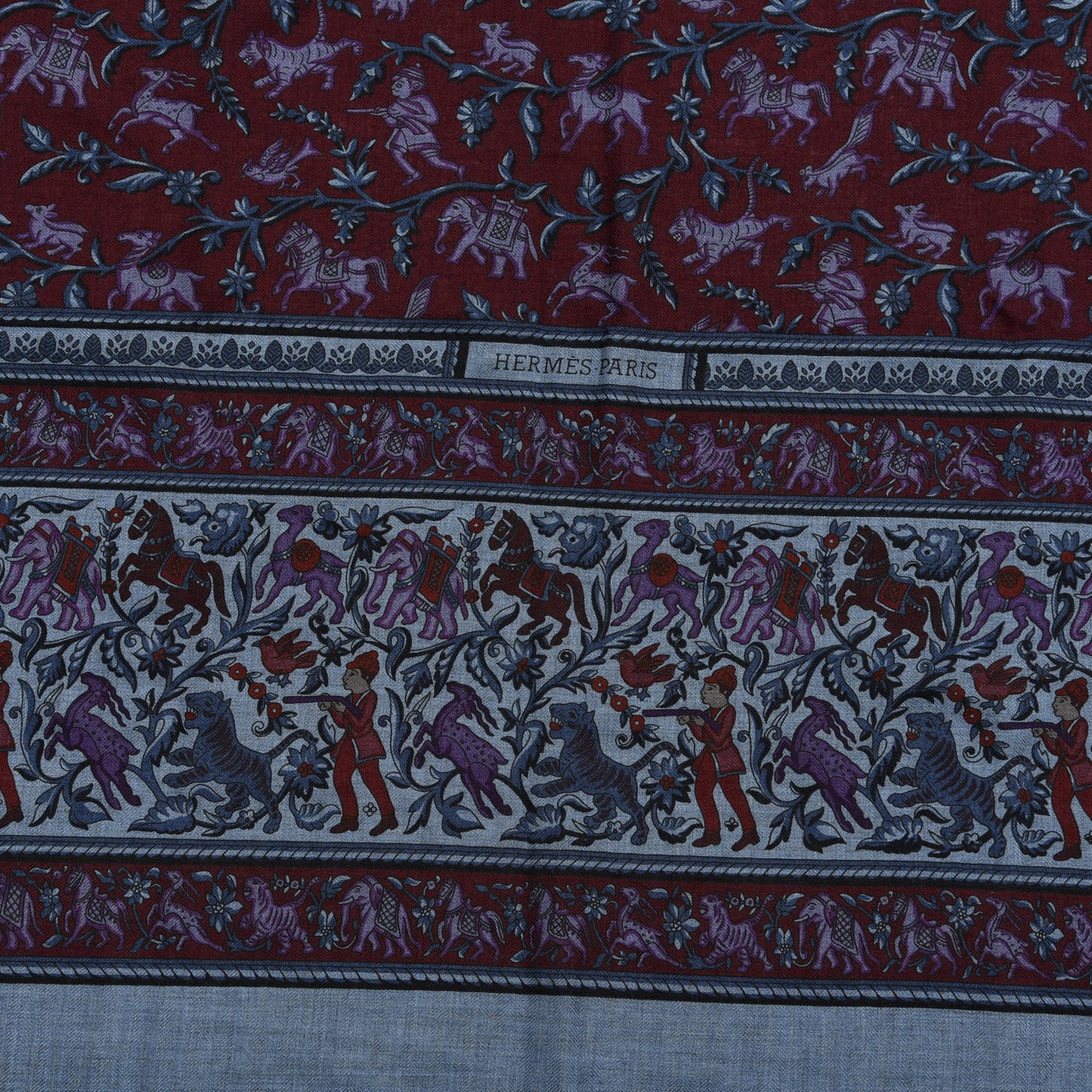 Cashmere Silk Chasse En Inde Shawl 140 Bleu Chine Violet Blue Jean