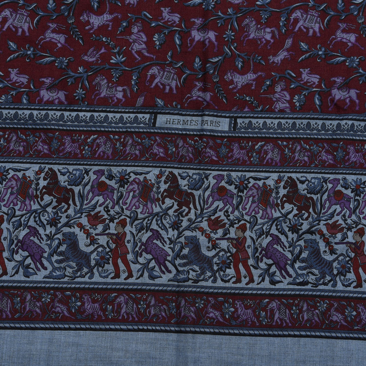Hermes Cashmere Silk Chasse En Inde Shawl 140 Bleu Chine Violet Blue Jean 2 of 4