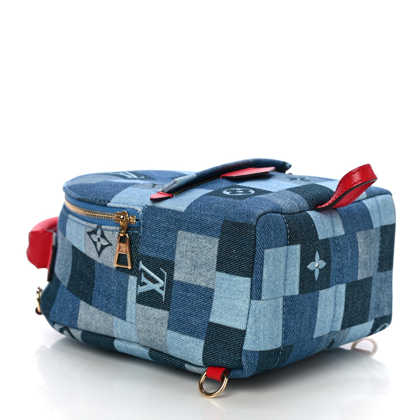 Denim Damier Monogram Patchwork Palm Springs Backpack Mini Blue Rouge