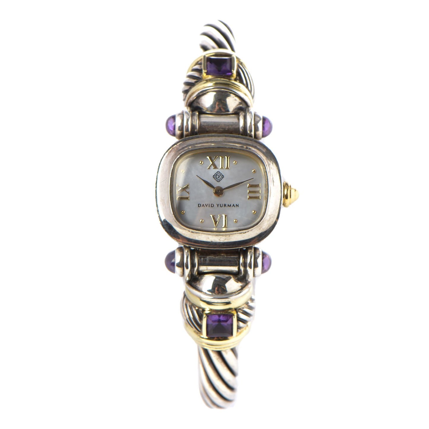 Sterling Silver 14K Yellow Gold Mother of Pearl Amethyst 21mm Classic Cable Quartz Watch