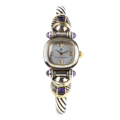 David Yurman Sterling Silver 14K Yellow Gold Mother of Pearl Amethyst 21mm Classic Cable Quartz Watch 1 of 7