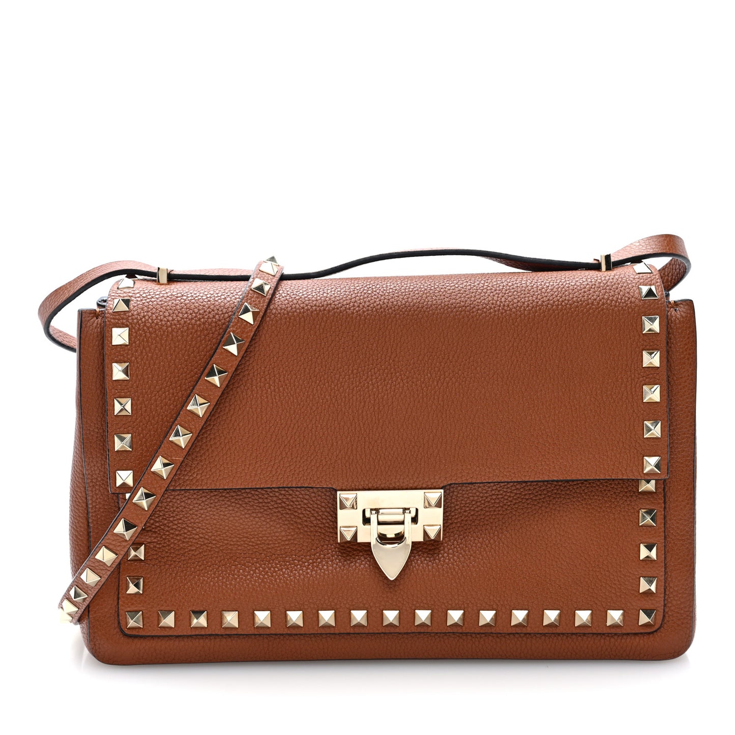 Pebbled Calfskin Rockstud Flip Lock Shoulder Flap Bag Brown