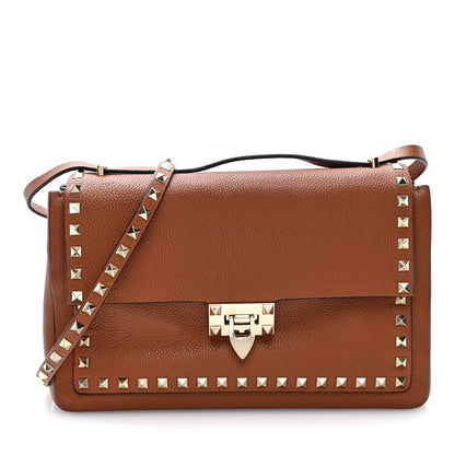 Valentino Garavani Pebbled Calfskin Rockstud Flip Lock Shoulder Flap Bag Brown 1 of 9