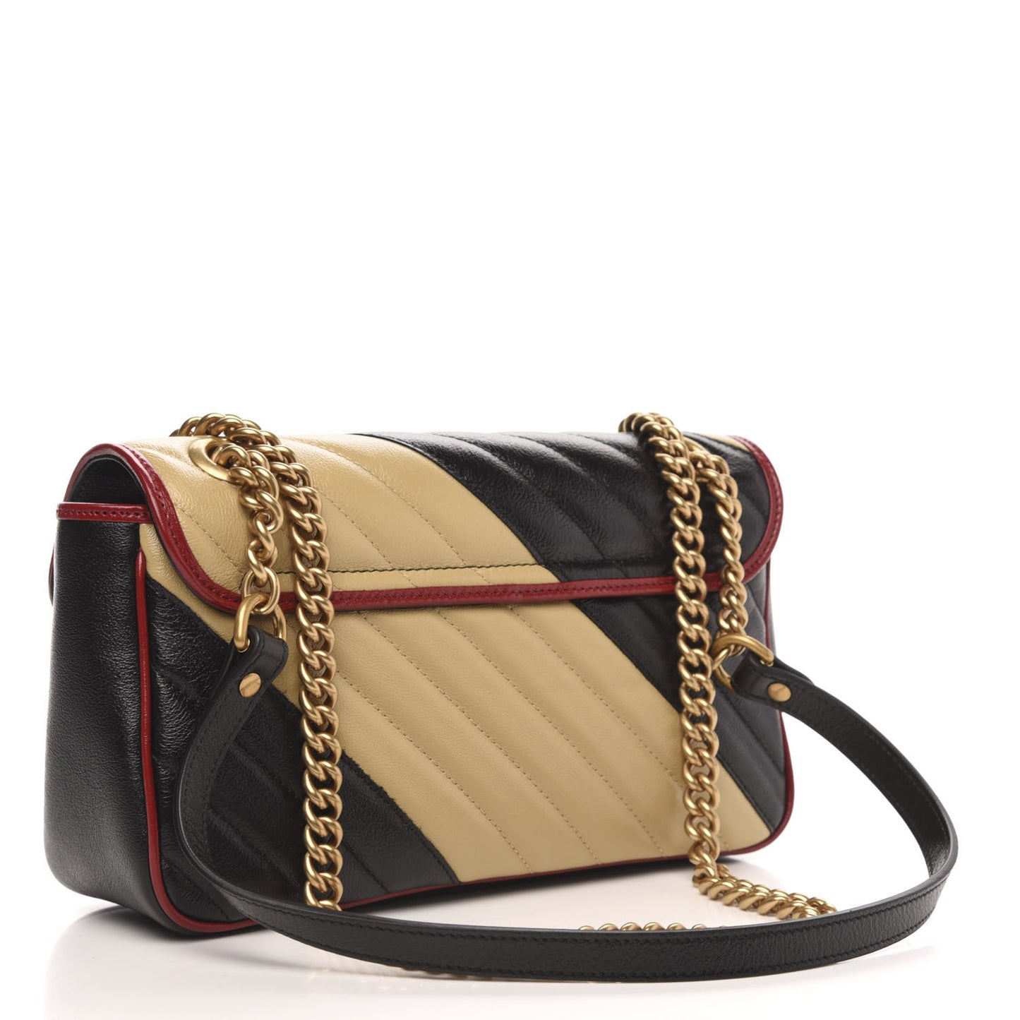 Vintage Effect Calfskin Matelasse Diagonal Striped Small Torchon GG Marmont Shoulder Bag Black Beige