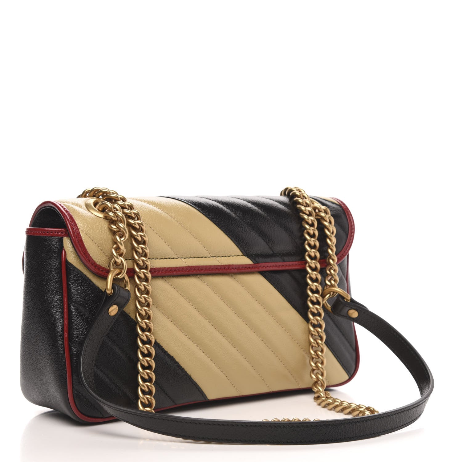 Gucci Vintage Effect Calfskin Matelasse Diagonal Striped Small Torchon GG Marmont Shoulder Bag Black Beige 3 of 10