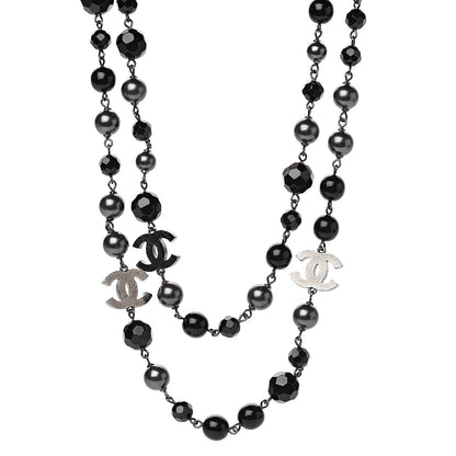 Chanel Pearl Bead Enamel CC Long Necklace Silver Black Grey 1 of 4