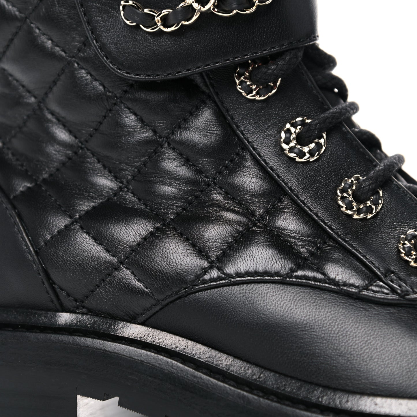 Shiny Lambskin Quilted Lace Up Combat Boots 36.5 Black