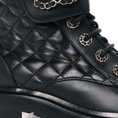 Chanel Shiny Lambskin Quilted Lace Up Combat Boots 36.5 Black 7 of 9