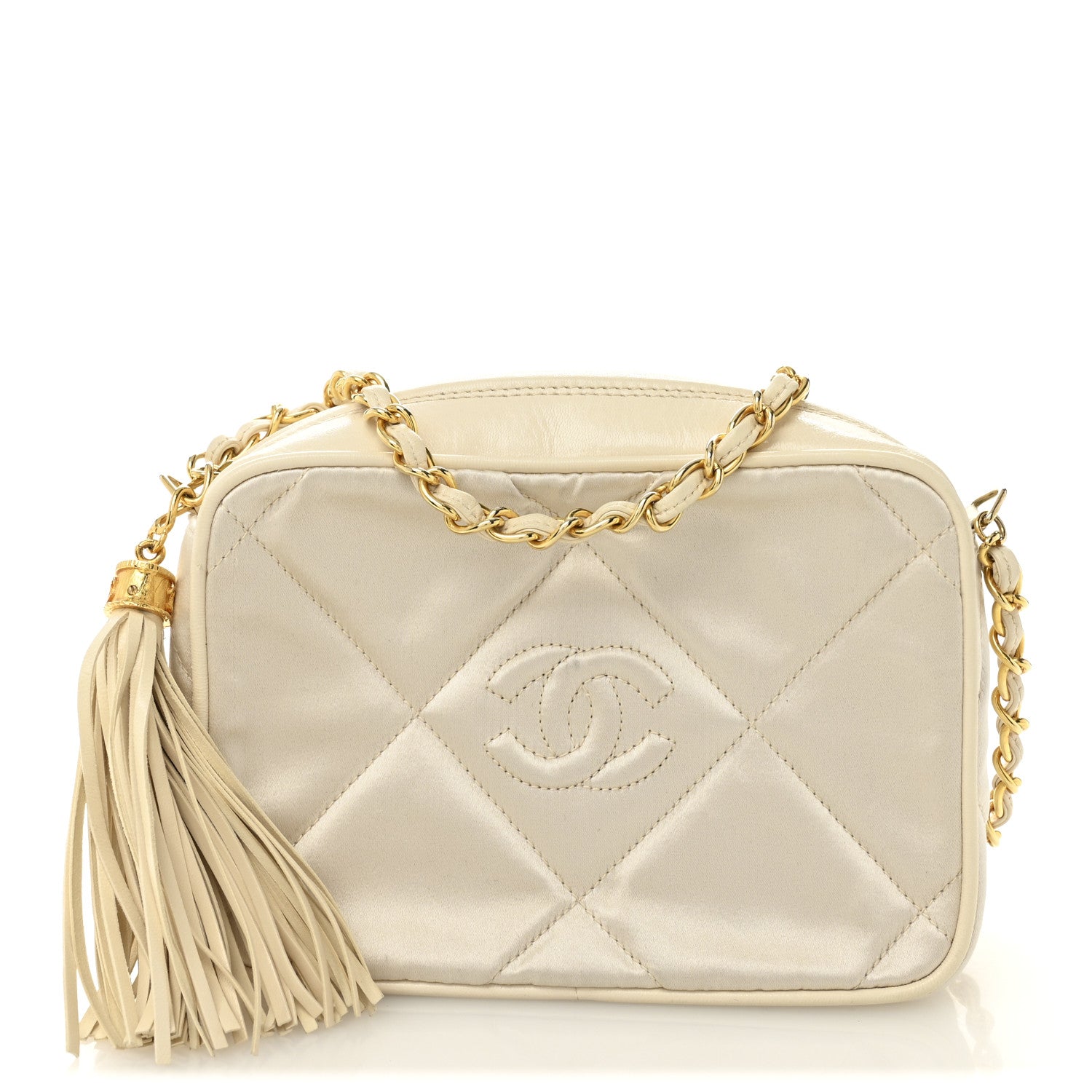 Chanel Satin Quilted CC Tassel Camera Case White 1 of 10
