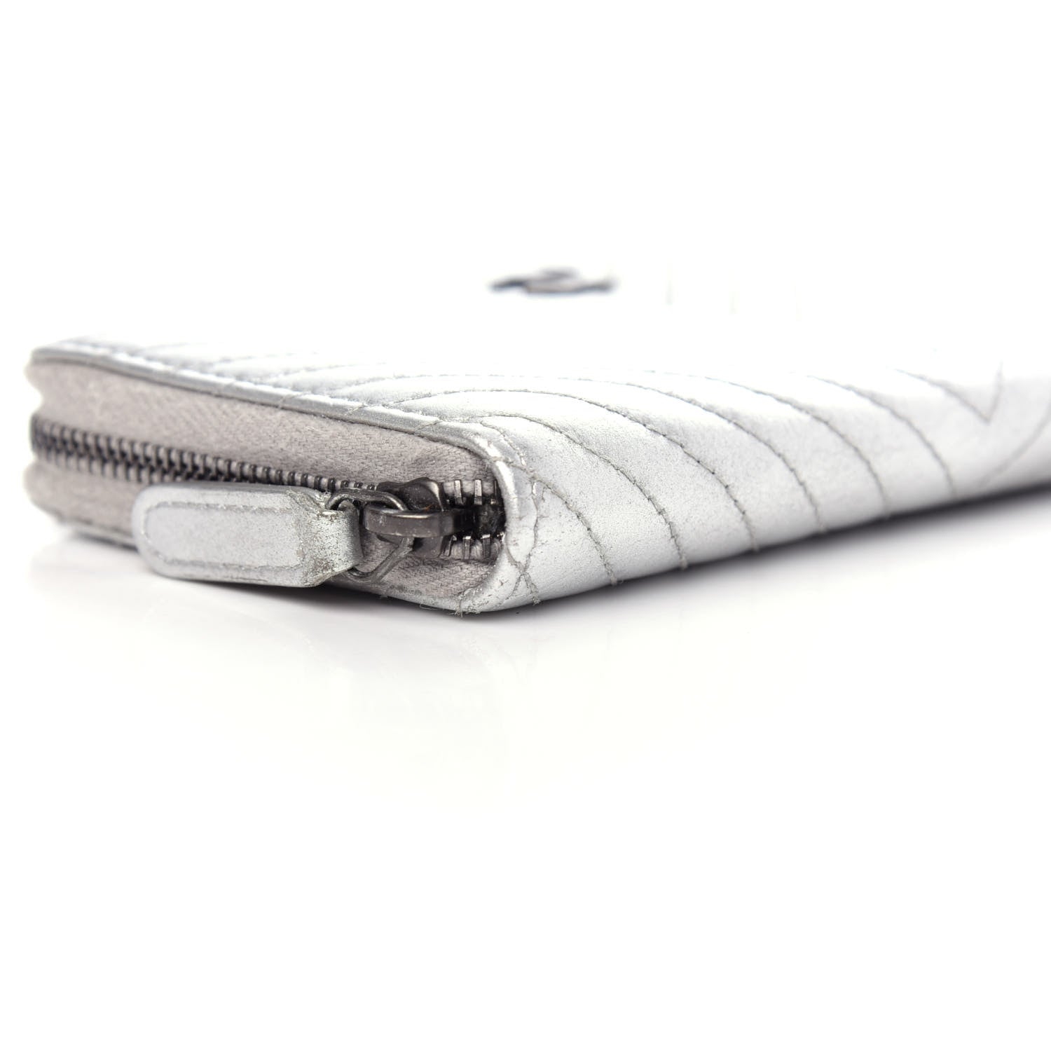 Chanel Metallic Lambskin Chevron Quilted Small Zip Around Wallet Silver 8 of 9