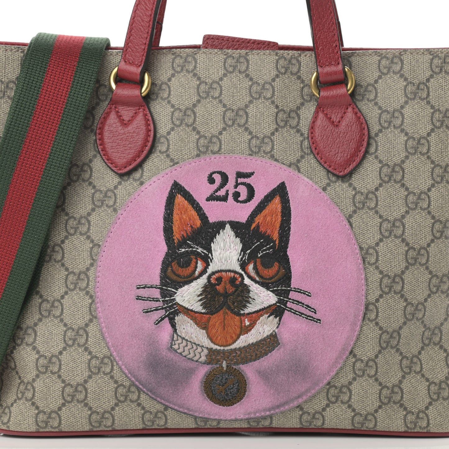 Soft GG Supreme Monogram Web Bosco Patch Small Crossbody Tote Beige Malva Hibiscus Red