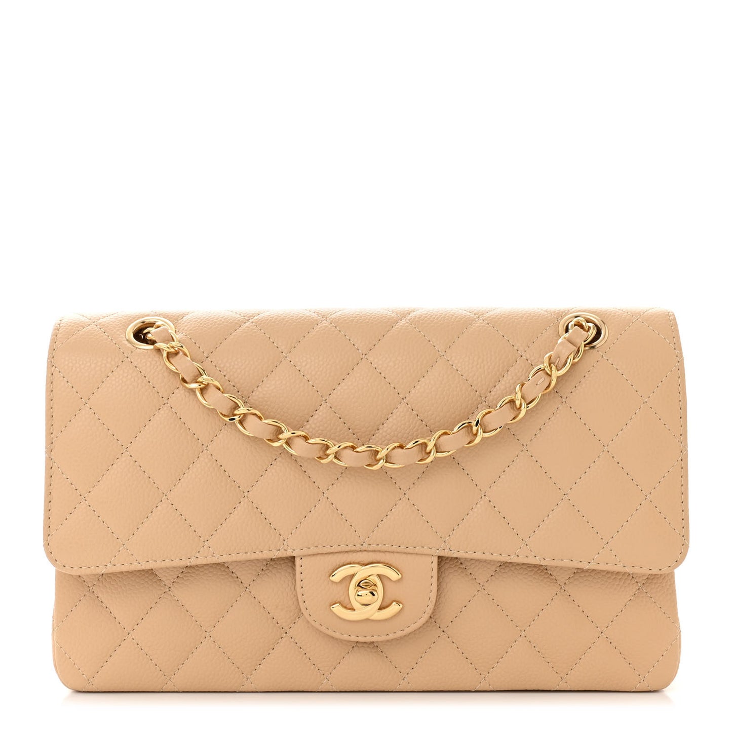 Caviar Quilted Medium Double Flap Beige