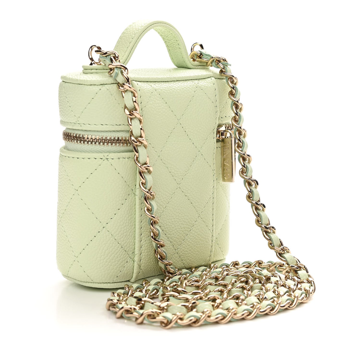 Caviar Quilted Small Handle With Care Vanity Case With Chain Light Green