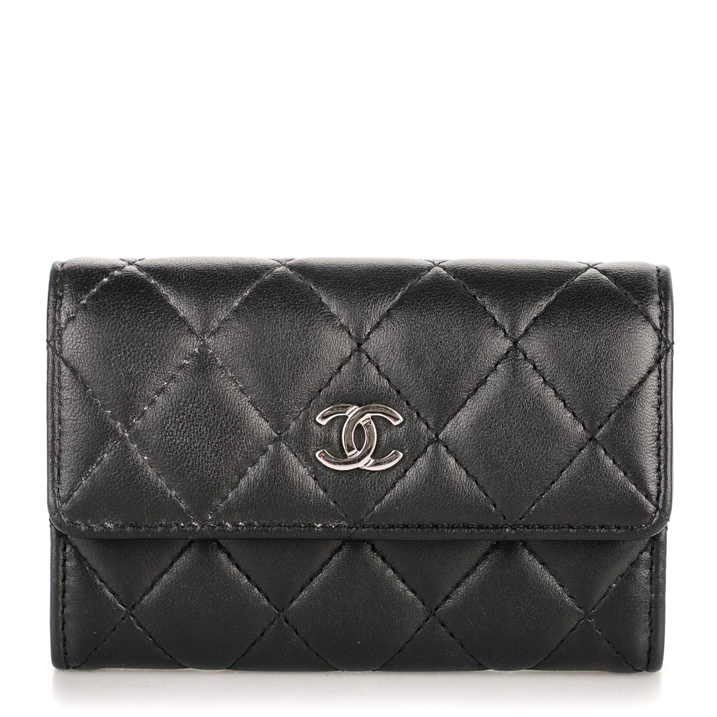 Lambskin Quilted Flap Card Holder Black