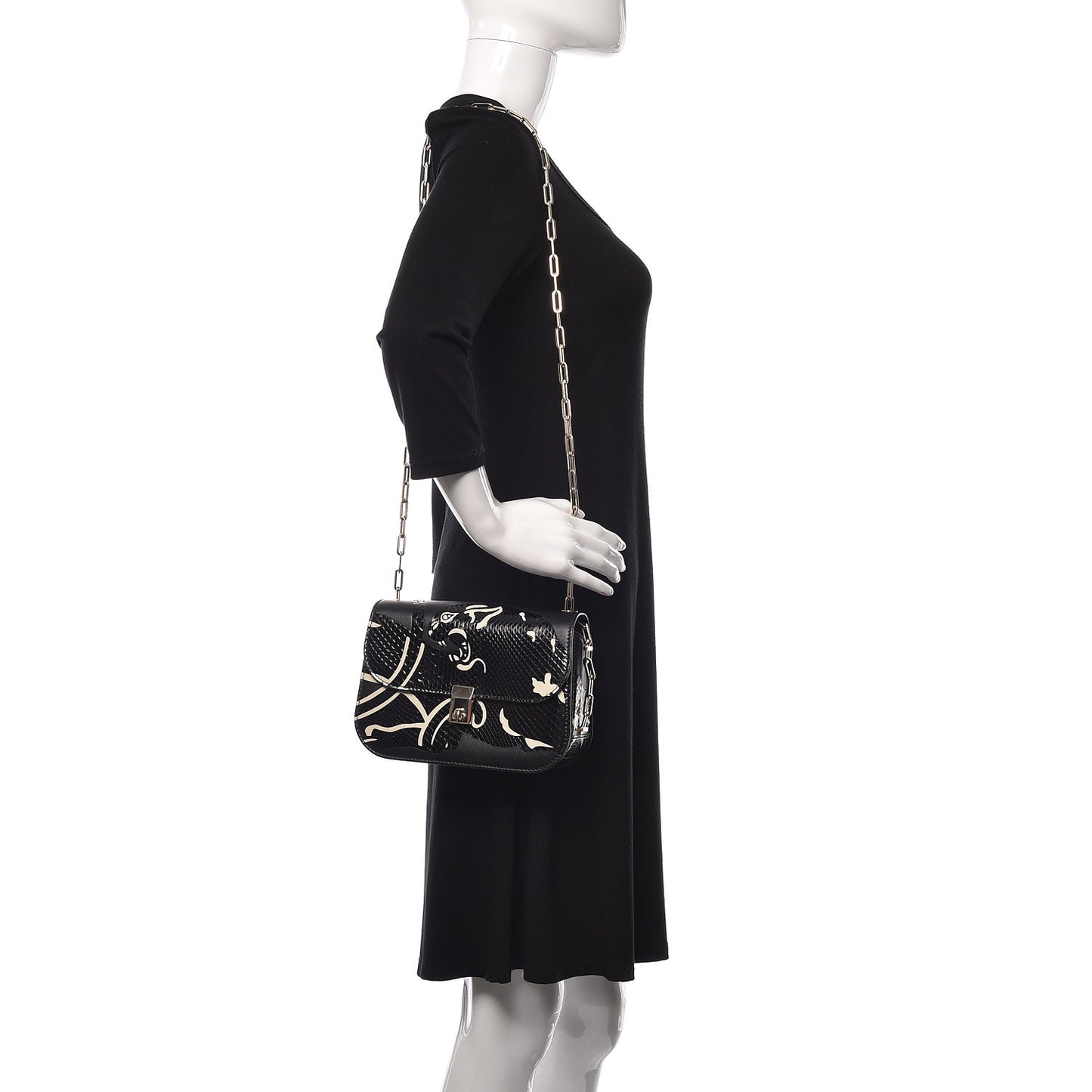 Calfskin Snakeskin Panther Chain Flap Bag Black
