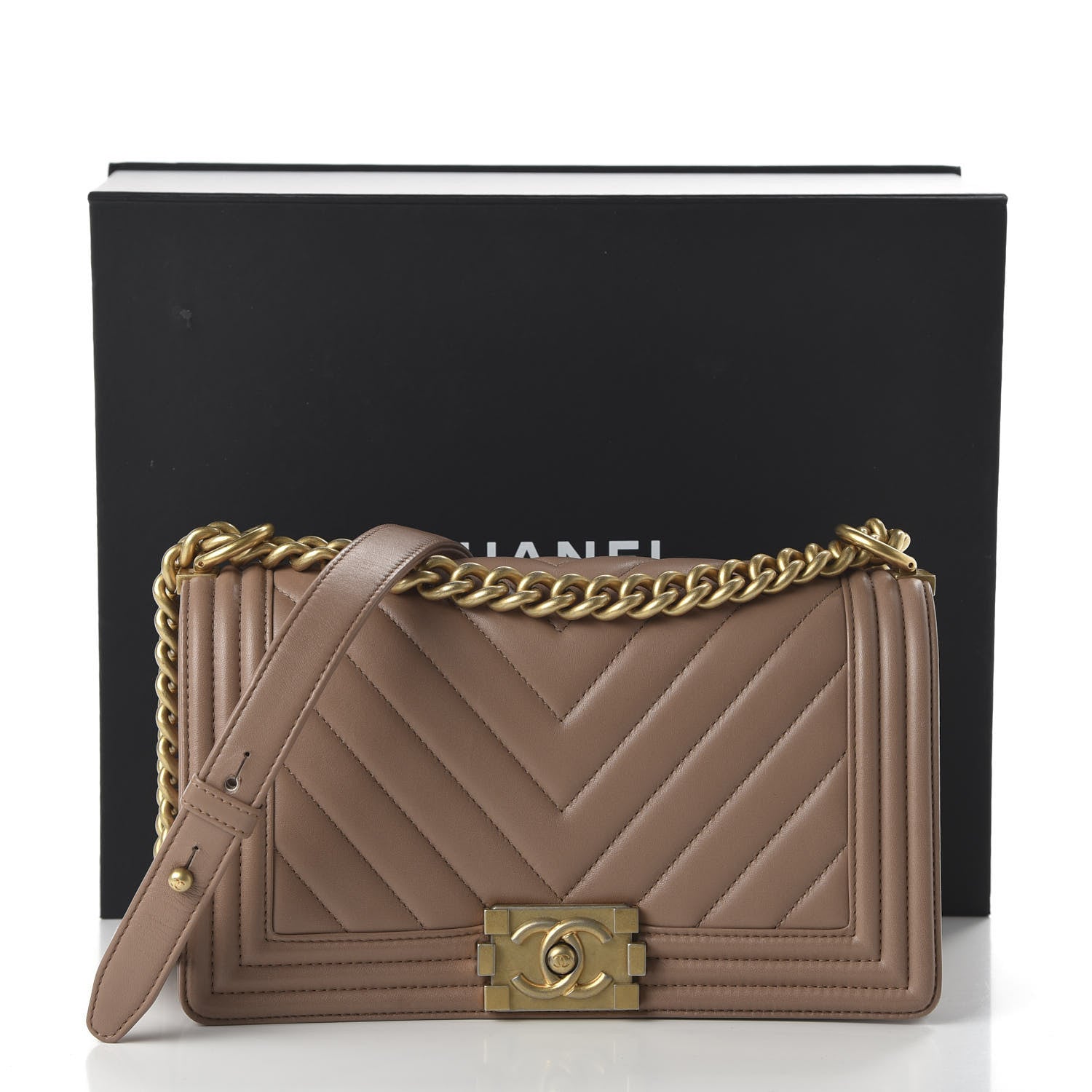 Chanel Calfskin Chevron Quilted Medium Boy Flap Beige 10 of 10
