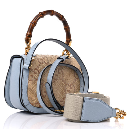 Gucci Raffia Textured Dollar Calfskin GG Monogram Small Bamboo 1947 Top Handle Bag Light Blue Natural 4 of 10