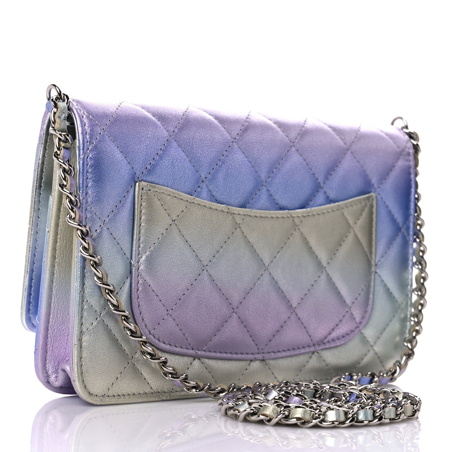 Gradient Metallic Calfskin Quilted Wallet On Chain WOC Silver Blue Yellow Purple