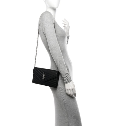 Saint Laurent Grain De Poudre Matelasse Chevron Monogram Chain Wallet Black 2 of 12