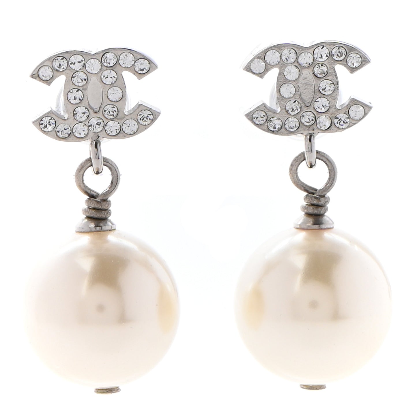 Crystal Pearl CC Drop Earrings Silver